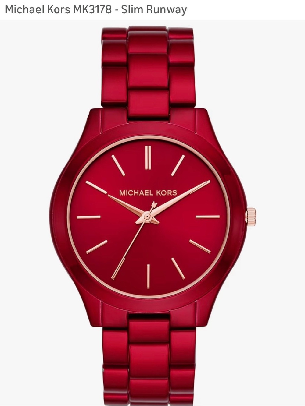 Michael Kors Red Metal Slim Runway Watch with Rose Gold Accents